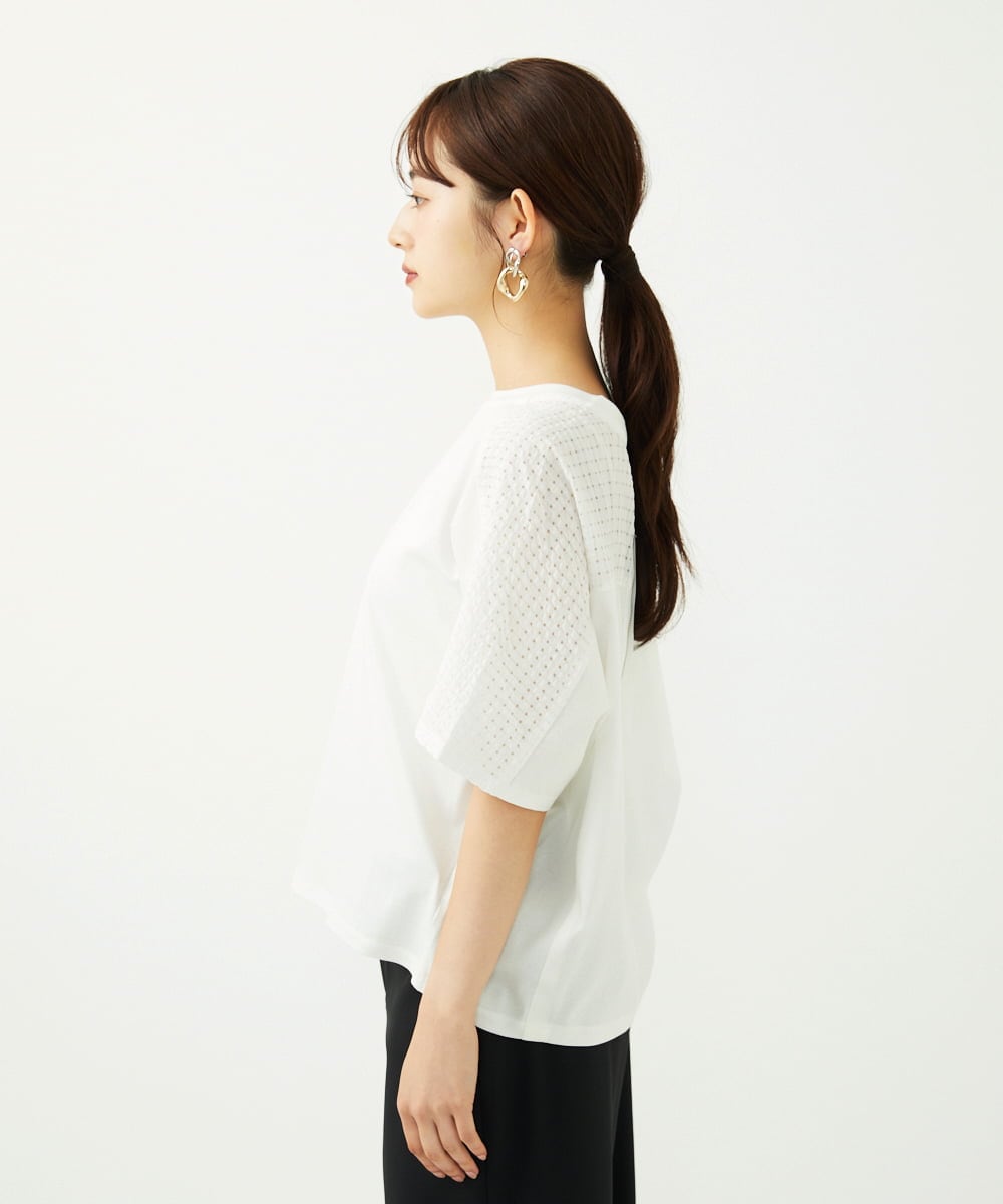 F6KJA05180 MICHEL KLEIN(小さいサイズ)(メゾン ドゥ サンク) ［小さいサイズ］トリオシアーチェックカットソー(セットアップ対応) ホワイト