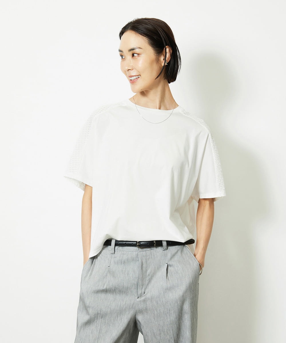 F6KJA05180 MICHEL KLEIN(小さいサイズ)(メゾン ドゥ サンク) ［小さいサイズ］トリオシアーチェックカットソー(セットアップ対応) ホワイト