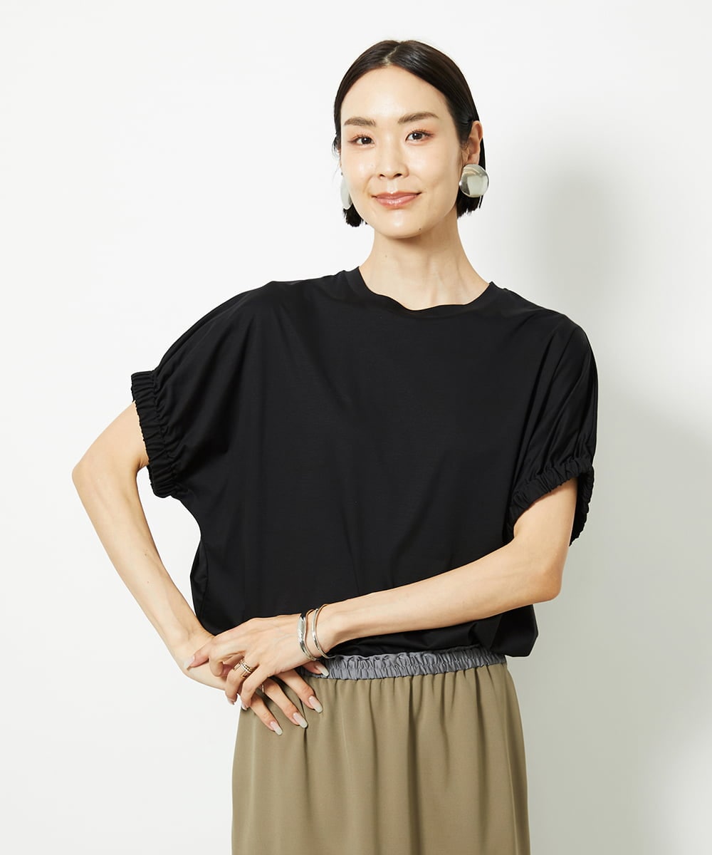 F6KJA33150 MICHEL KLEIN(小さいサイズ)(メゾン ドゥ サンク) [小さいサイズ]ギャザースリーブカットソー(接触冷感) ブラック