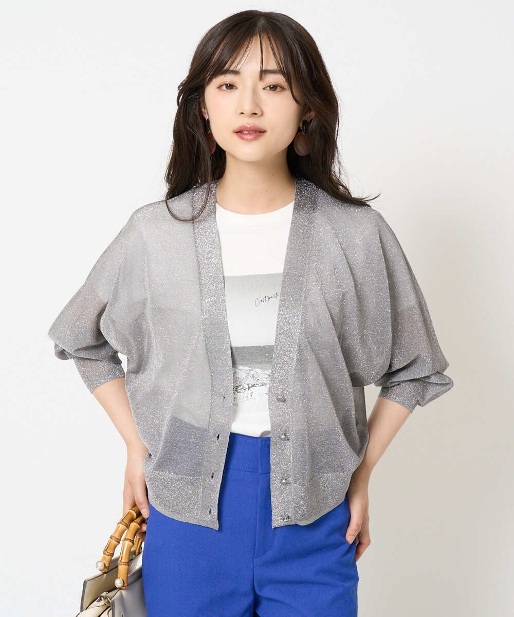 F6SGA19230 MICHEL KLEIN(小さいサイズ)(メゾン ドゥ サンク) [小さいサイズ]シアーラメVネックカーディガン ホワイト