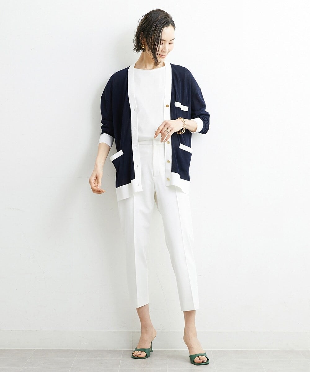 F6SGS26230 MICHEL KLEIN(小さいサイズ)(メゾン ドゥ サンク) [小さいサイズ]Vネックメタルボタンロングカーディガン（アンサンブル対応） ネイビー(57)