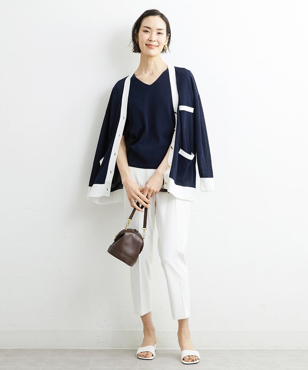 F6SGS26230 MICHEL KLEIN(小さいサイズ)(メゾン ドゥ サンク) [小さいサイズ]Vネックメタルボタンロングカーディガン（アンサンブル対応） ネイビー(57)
