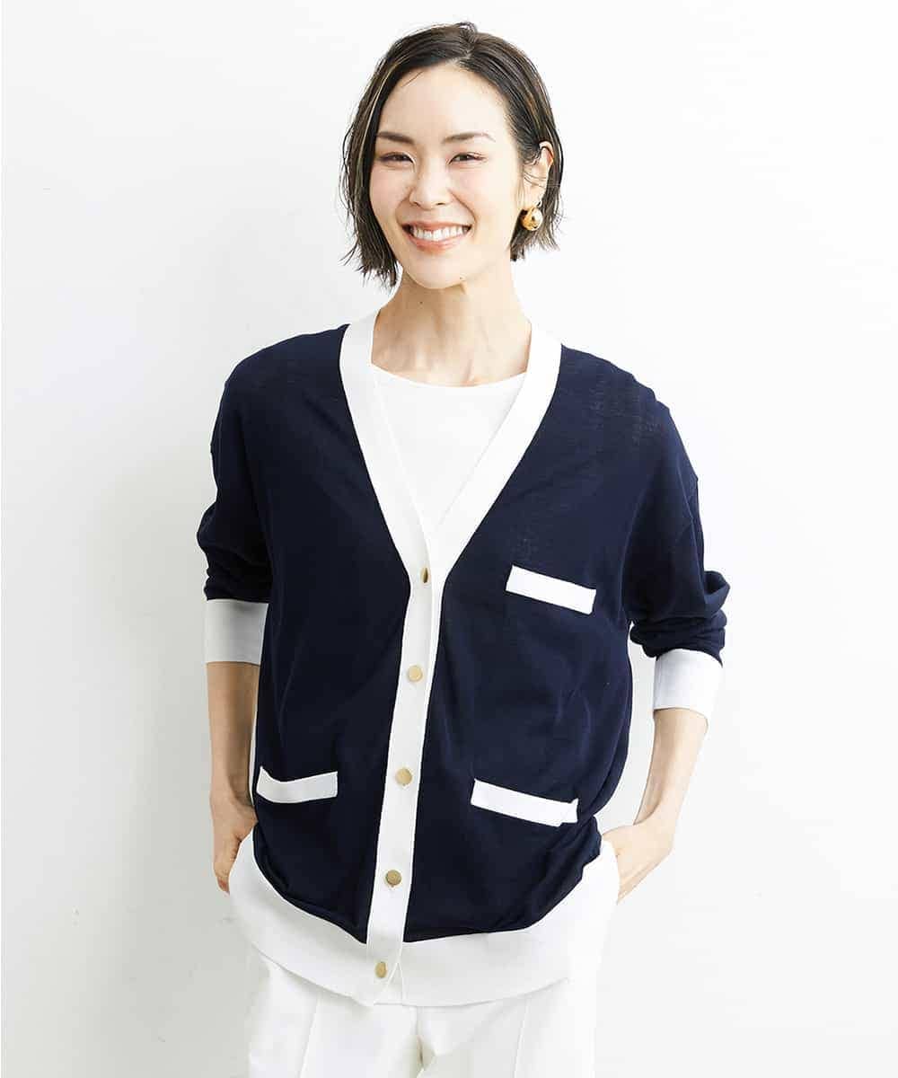 F6SGS26230 MICHEL KLEIN(小さいサイズ)(メゾン ドゥ サンク) [小さいサイズ]Vネックメタルボタンロングカーディガン（アンサンブル対応） ネイビー(57)