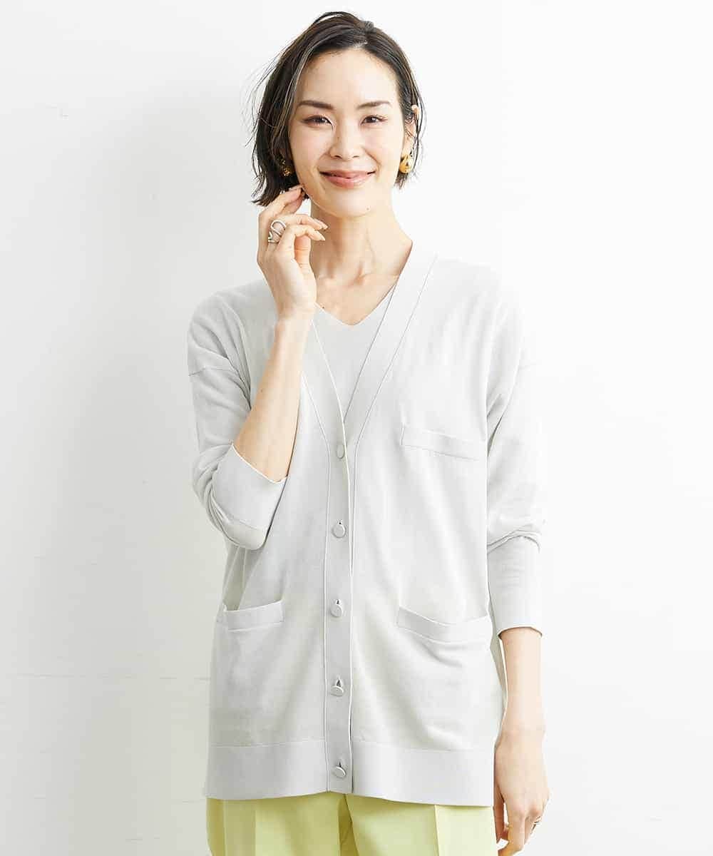 F6SGS26230 MICHEL KLEIN(小さいサイズ)(メゾン ドゥ サンク) [小さいサイズ]Vネックメタルボタンロングカーディガン（アンサンブル対応） ネイビー(57)