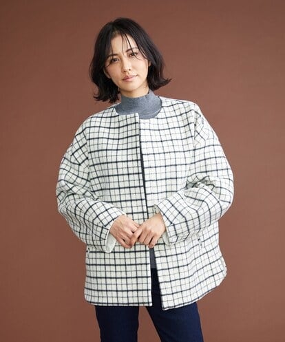 F6UAS35720 MICHEL KLEIN(小さいサイズ) [小さいサイズ]ウィンドペンチェックノーカラーコート（オリジナル素材）