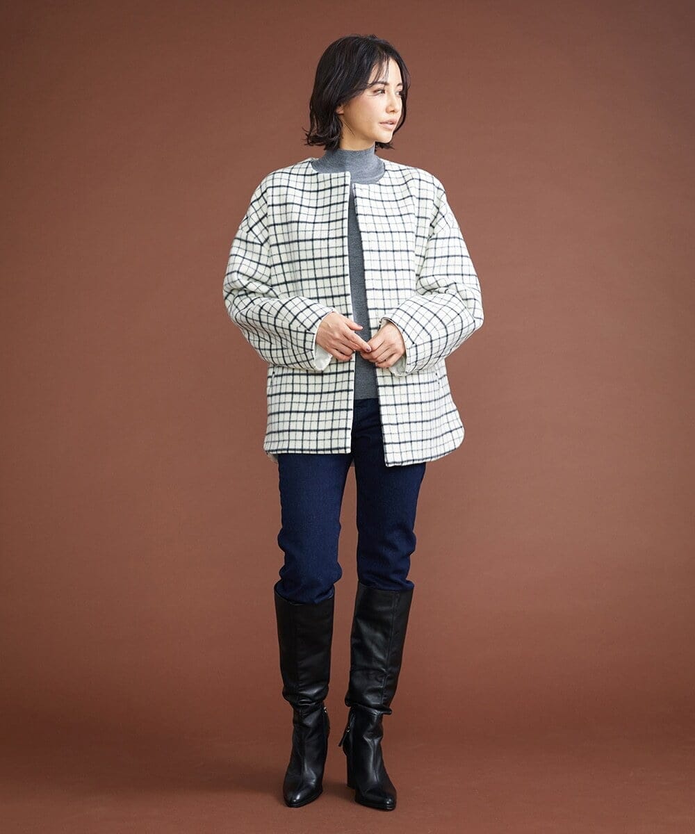 F6UAS35720 MICHEL KLEIN(小さいサイズ)(メゾン ドゥ サンク) [小さいサイズ]ウィンドペンチェックノーカラーコート（オリジナル素材） アイボリー(80)