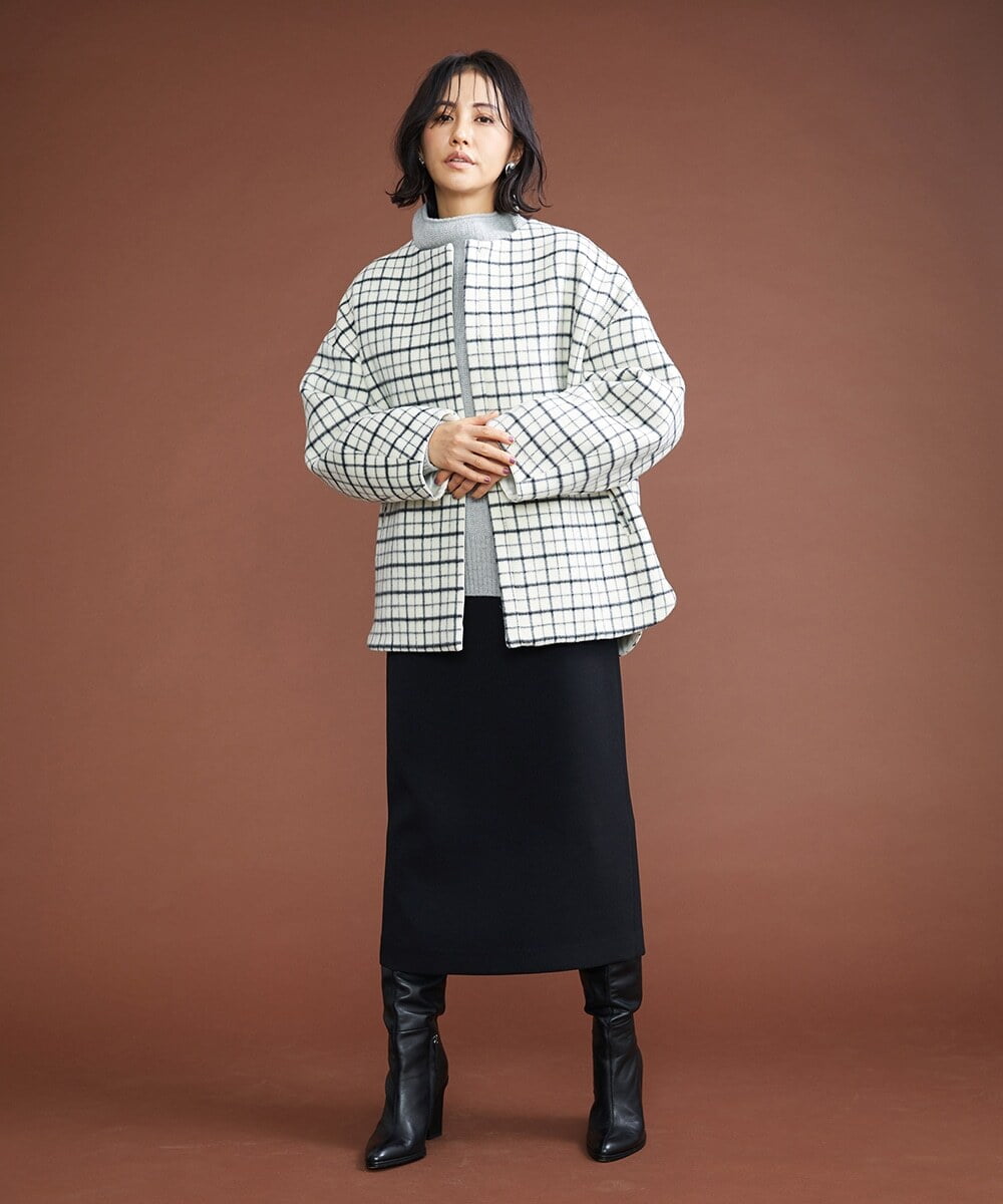 F6UAS35720 MICHEL KLEIN(小さいサイズ)(メゾン ドゥ サンク) [小さいサイズ]ウィンドペンチェックノーカラーコート（オリジナル素材） アイボリー(80)