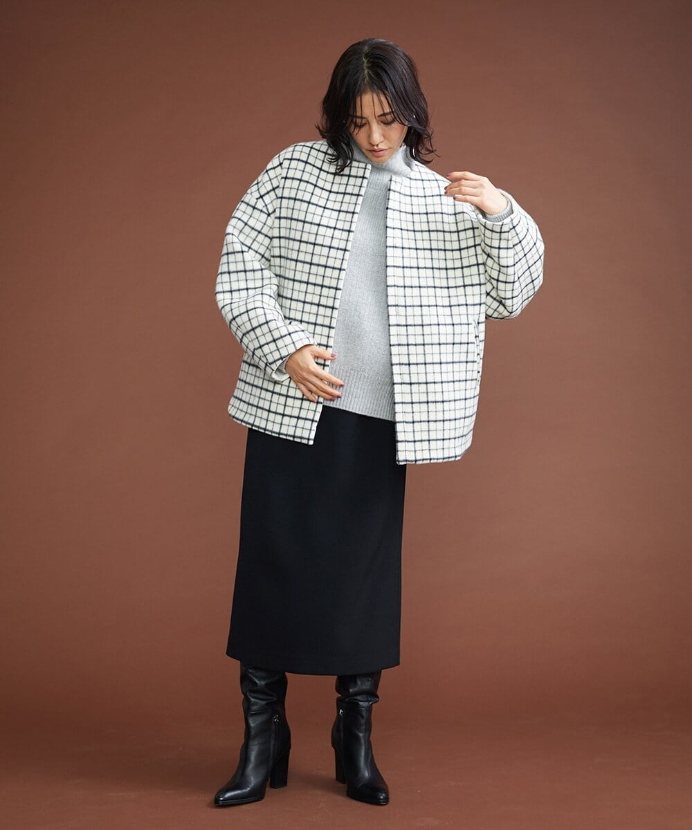 F6UAS35720 MICHEL KLEIN(小さいサイズ)(メゾン ドゥ サンク) [小さいサイズ]ウィンドペンチェックノーカラーコート（オリジナル素材） アイボリー(80)