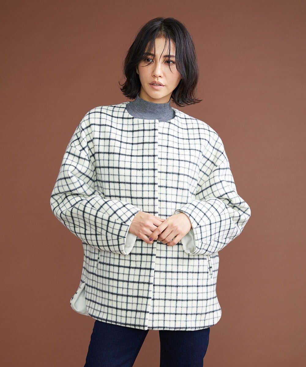 F6UAS35720 MICHEL KLEIN(小さいサイズ)(メゾン ドゥ サンク) [小さいサイズ]ウィンドペンチェックノーカラーコート（オリジナル素材） アイボリー(80)