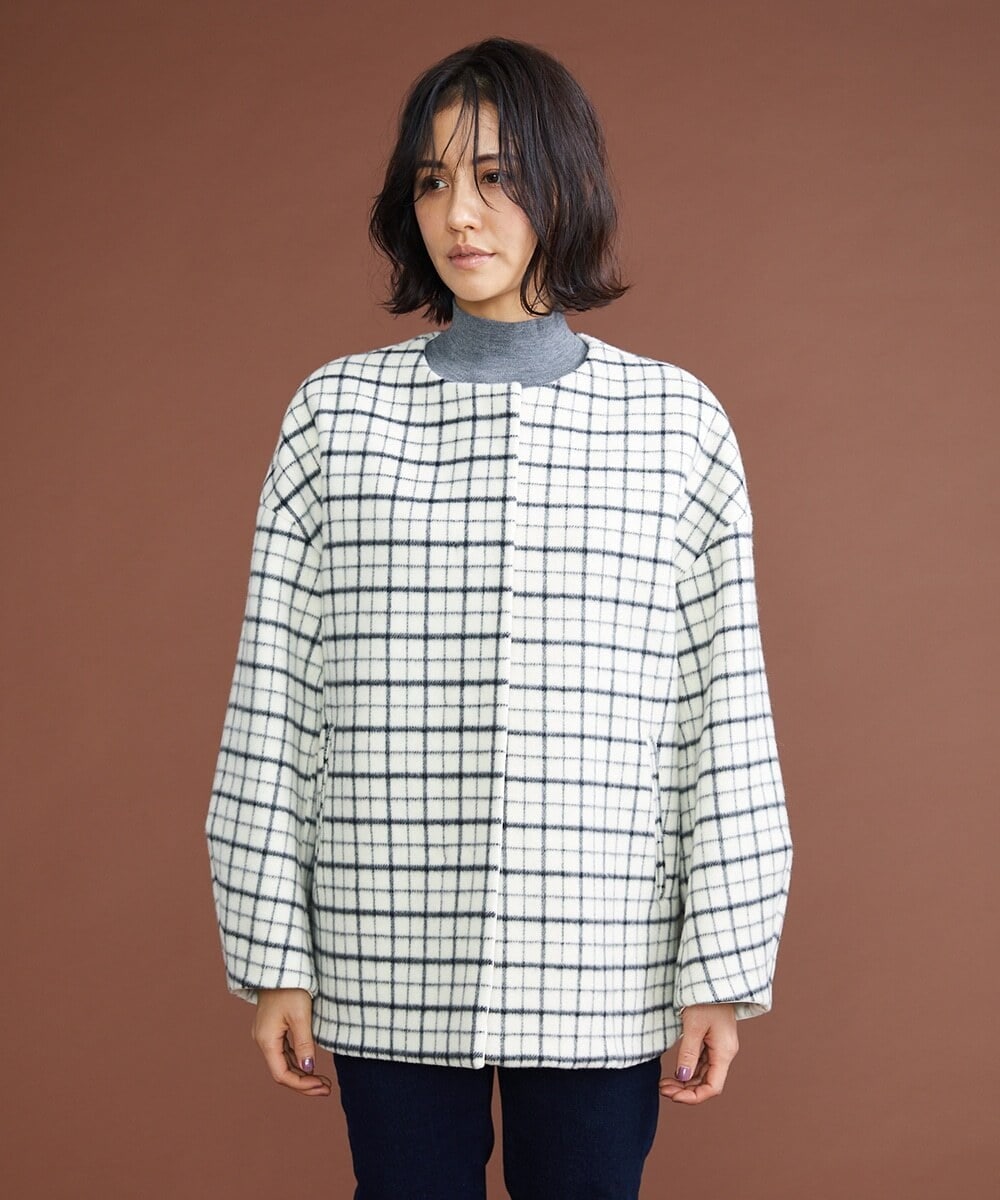 F6UAS35720 MICHEL KLEIN(小さいサイズ)(メゾン ドゥ サンク) [小さいサイズ]ウィンドペンチェックノーカラーコート（オリジナル素材） アイボリー(80)