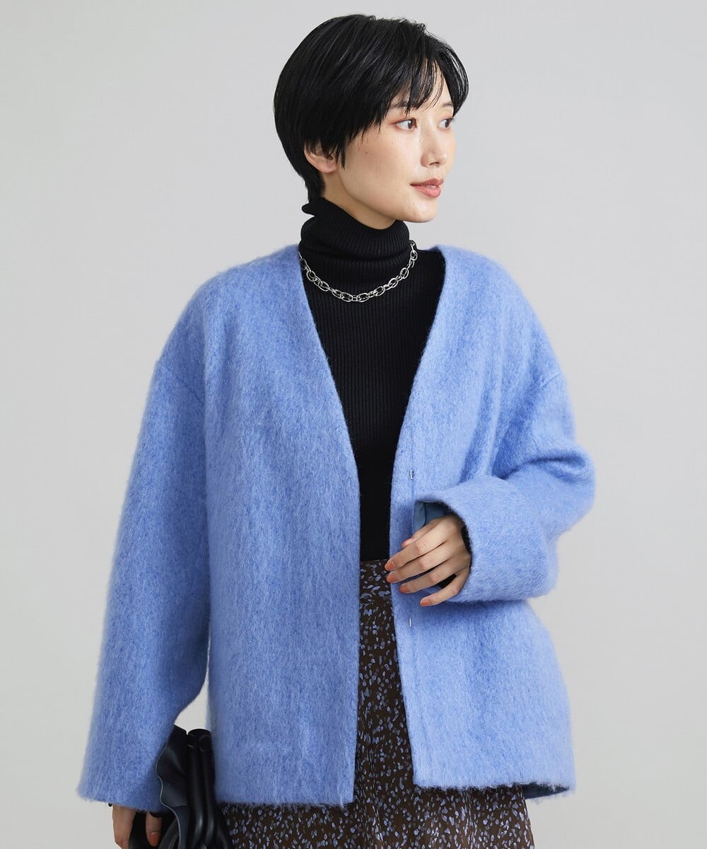 F6UAV43390 MICHEL KLEIN(小さいサイズ)(メゾン ドゥ サンク) [小さいサイズ]モヘアシャギーノーカラーコート ブルー(55)