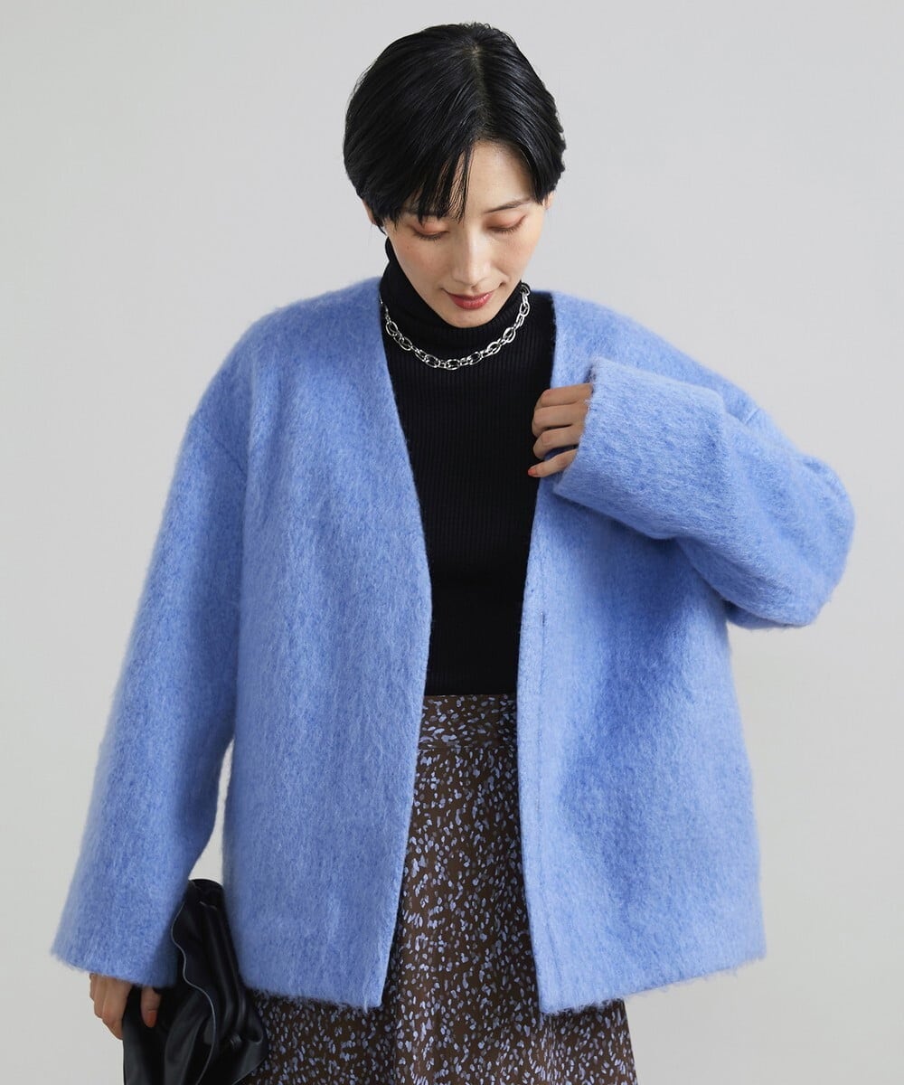F6UAV43390 MICHEL KLEIN(小さいサイズ)(メゾン ドゥ サンク) [小さいサイズ]モヘアシャギーノーカラーコート ブルー(55)