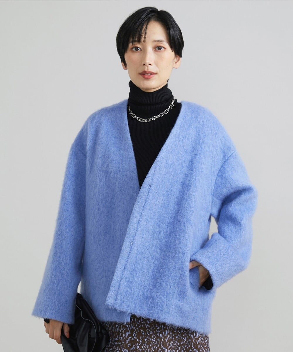F6UAV43390 MICHEL KLEIN(小さいサイズ)(メゾン ドゥ サンク) [小さいサイズ]モヘアシャギーノーカラーコート ブルー(55)