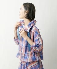 F6VDS10530 MICHEL KLEIN(小さいサイズ)(メゾン ドゥ サンク) [小さいサイズ]チェックジャカードショートブルゾン（セットアップ対応/オリジナル素材） ブルー系(55)