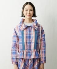 F6VDS10530 MICHEL KLEIN(小さいサイズ)(メゾン ドゥ サンク) [小さいサイズ]チェックジャカードショートブルゾン（セットアップ対応/オリジナル素材） ブルー系(55)