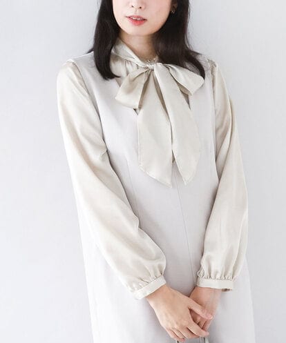 FIBAD14070 OFUON le MK リボン付きバンドカラーブラウス/洗える/WEB限定サイズあり