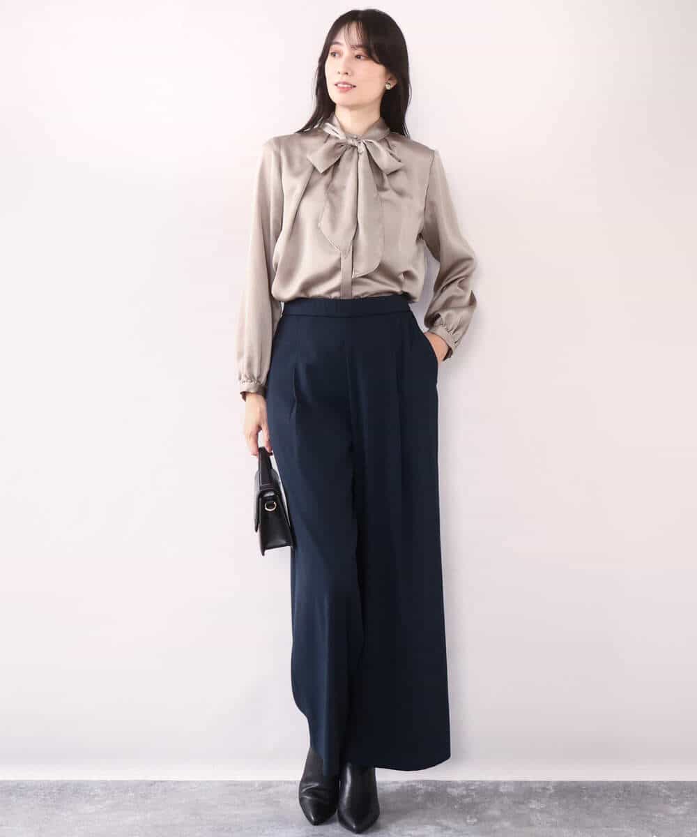 FIBAD14070 OFUON le MK(オフオン　ル　エムケー) リボン付きバンドカラーブラウス/洗える/WEB限定サイズあり モカ