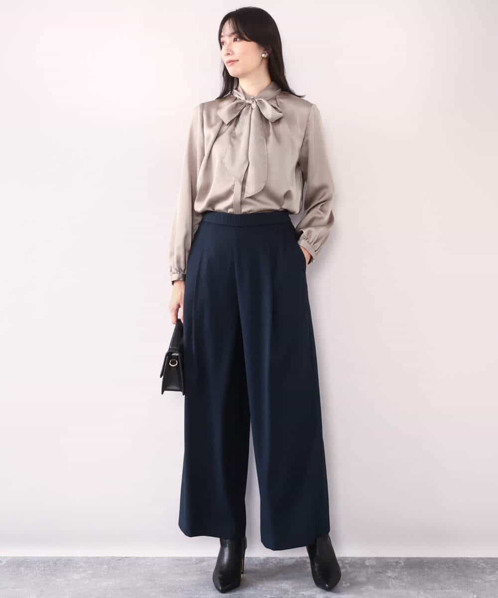 FIBAD14070 OFUON le MK(オフオン　ル　エムケー) リボン付きバンドカラーブラウス/洗える/WEB限定サイズあり モカ