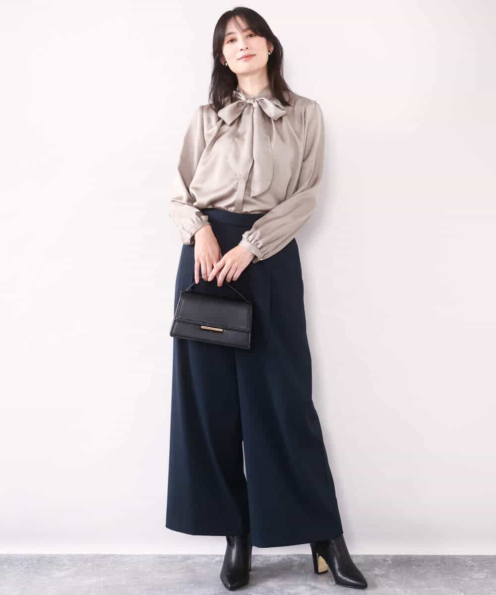 FIBAD14070 OFUON le MK(オフオン　ル　エムケー) リボン付きバンドカラーブラウス/洗える/WEB限定サイズあり モカ