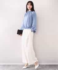 FIBAD20070 OFUON le MK(オフオン　ル　エムケー) シャーリングネックデザインブラウス/洗える/WEB限定サイズあり ブルー