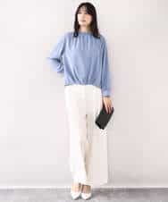 FIBAD20070 OFUON le MK(オフオン　ル　エムケー) シャーリングネックデザインブラウス/洗える/WEB限定サイズあり ブルー