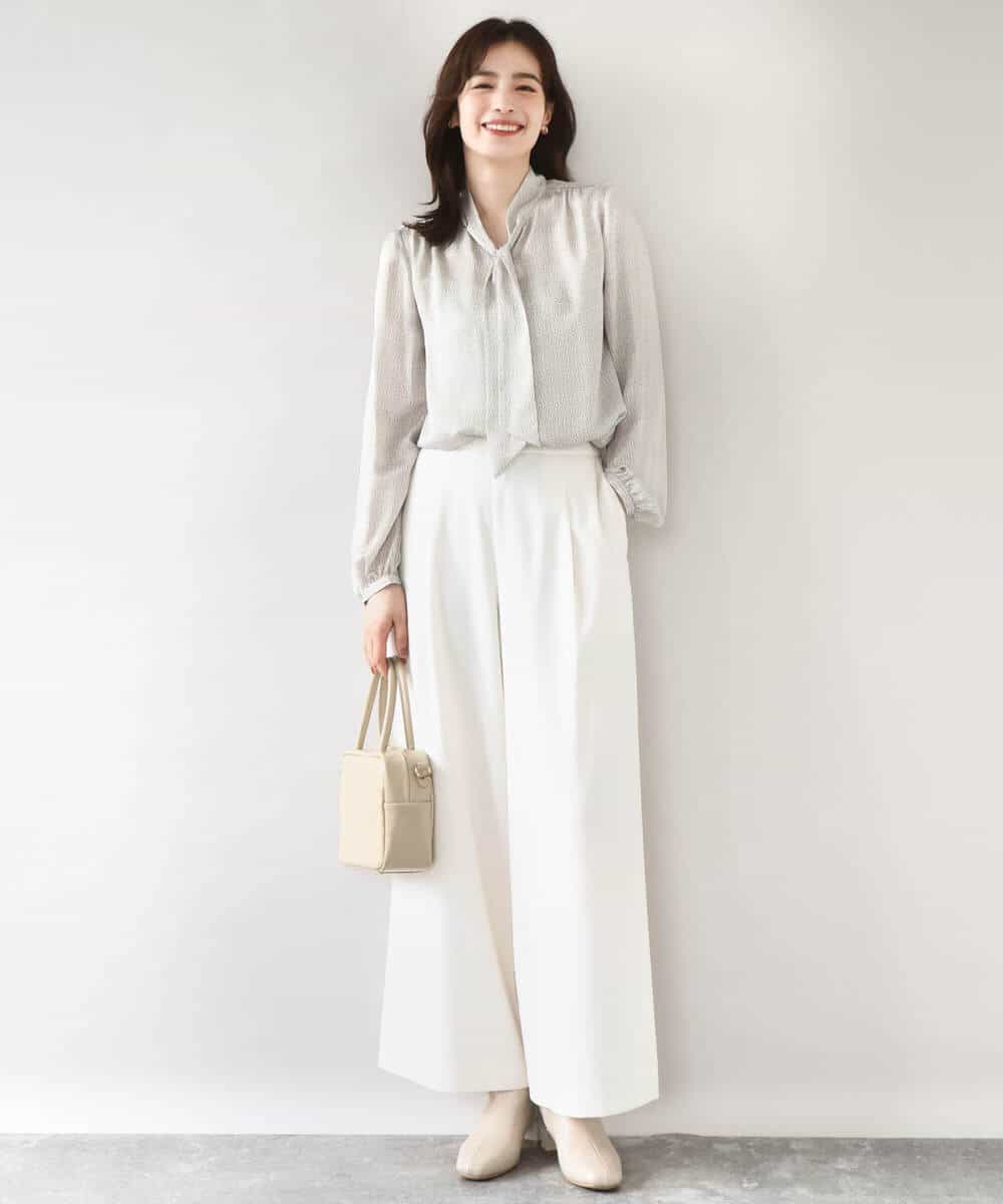 FIBBD22070 OFUON le MK(オフオン ル エムケー) 幾何柄ボウタイブラウス/洗える/WEB限定サイズあり ライトブルー