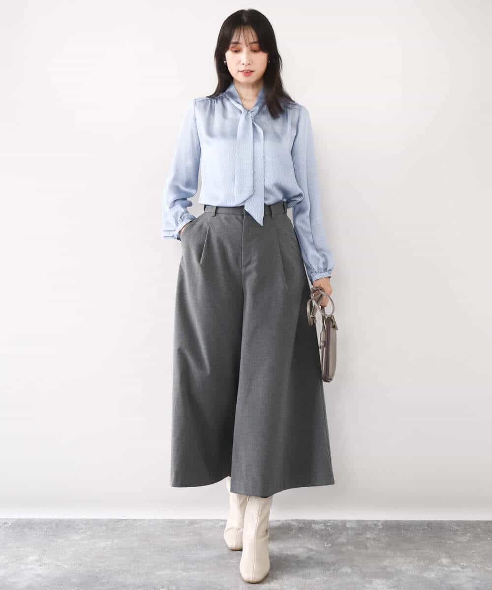 FIBBD22070 OFUON le MK(オフオン ル エムケー) 幾何柄ボウタイブラウス/洗える/WEB限定サイズあり ライトブルー