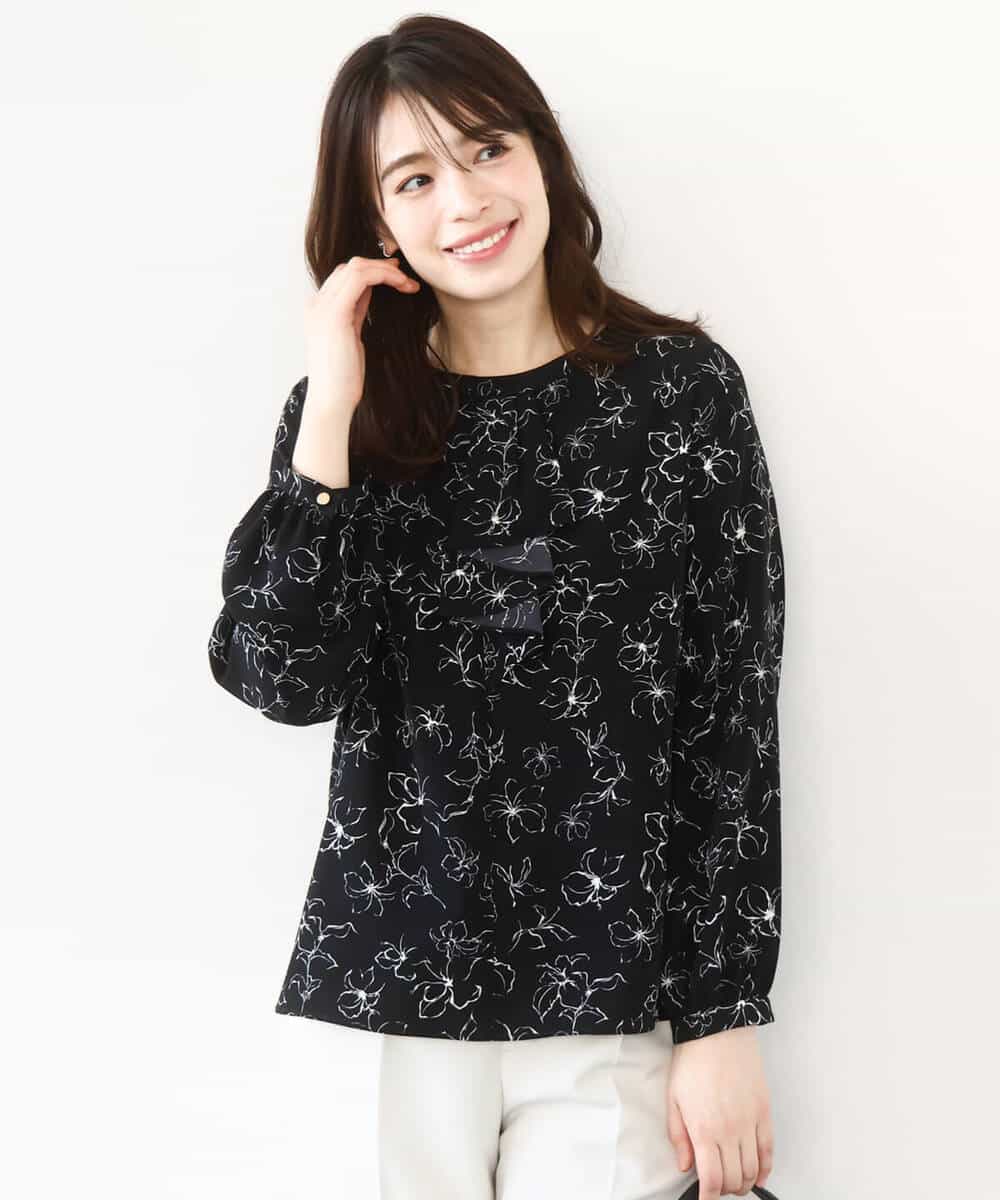 FIBFD06070 OFUON le MK(オフオン　ル　エムケー) ラインフラワーボウタイ風ブラウス/洗える ライトピンク