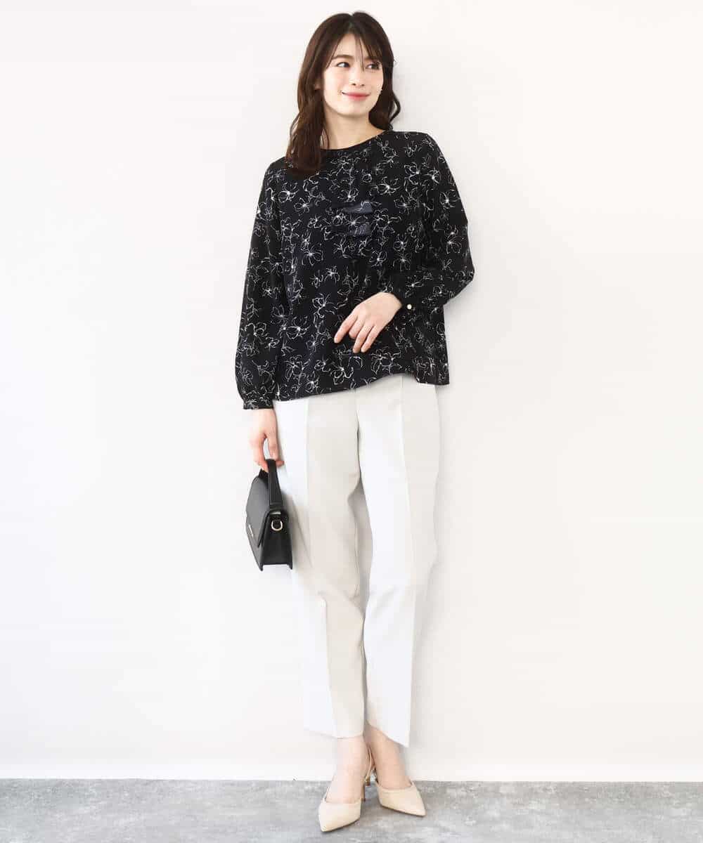 FIBFD06070 OFUON le MK(オフオン　ル　エムケー) ラインフラワーボウタイ風ブラウス/洗える ライトピンク