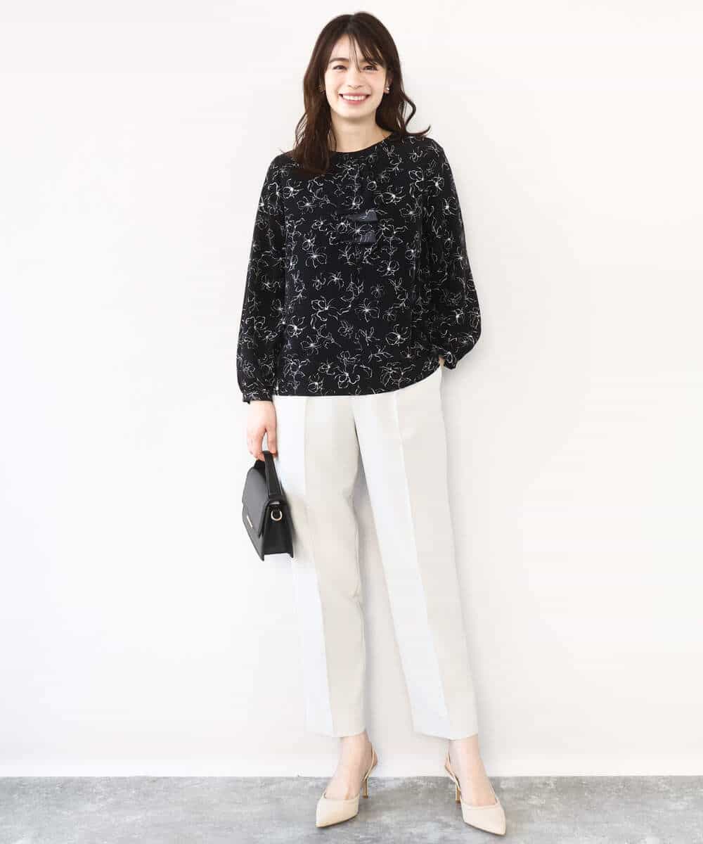 FIBFD06070 OFUON le MK(オフオン　ル　エムケー) ラインフラワーボウタイ風ブラウス/洗える ライトピンク