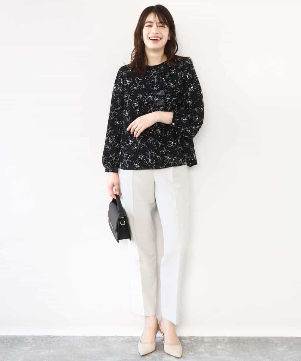 FIBFD06070 OFUON le MK(オフオン　ル　エムケー) ラインフラワーボウタイ風ブラウス/洗える ライトピンク