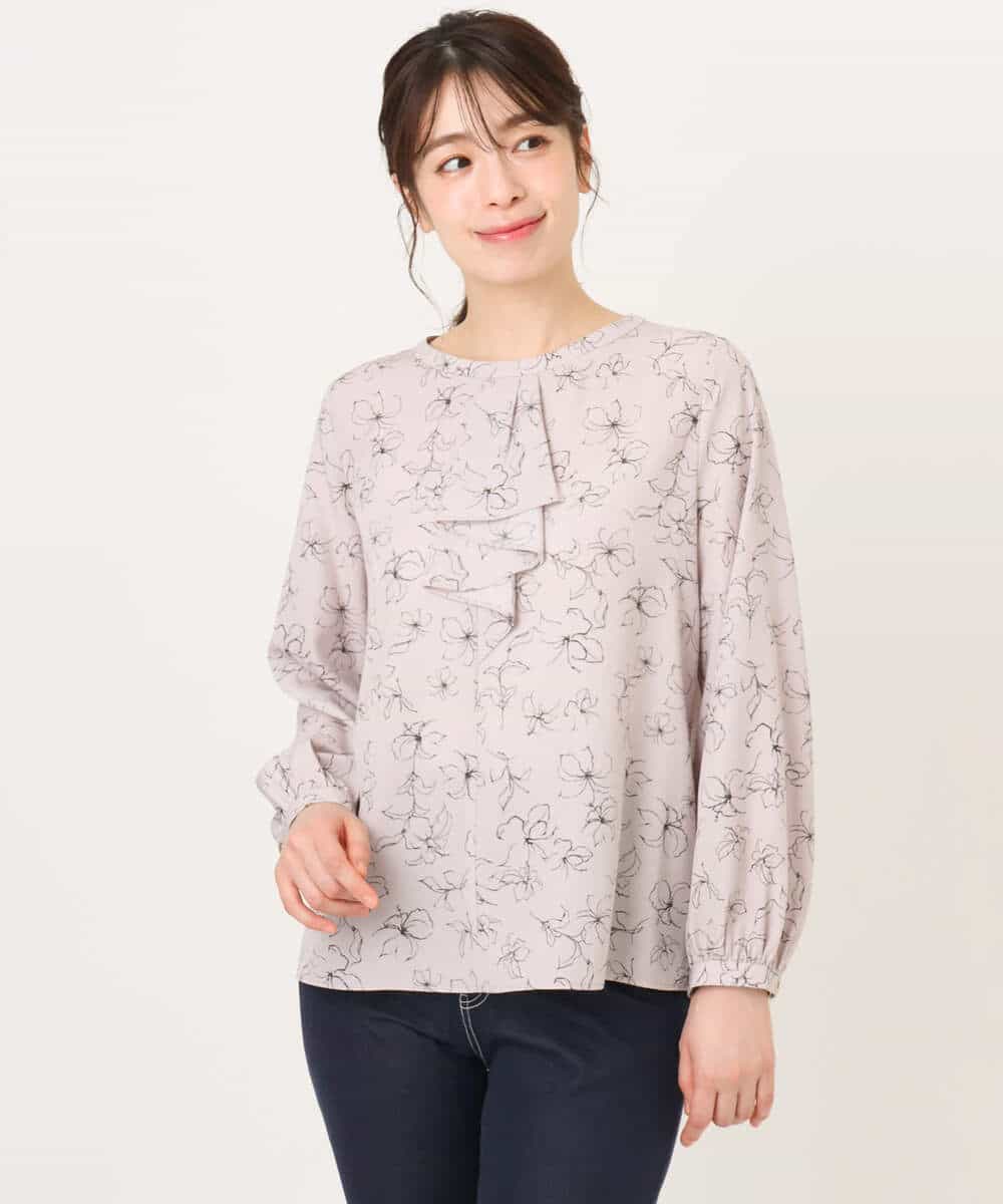 FIBFD06070 OFUON le MK(オフオン　ル　エムケー) ラインフラワーボウタイ風ブラウス/洗える ライトピンク
