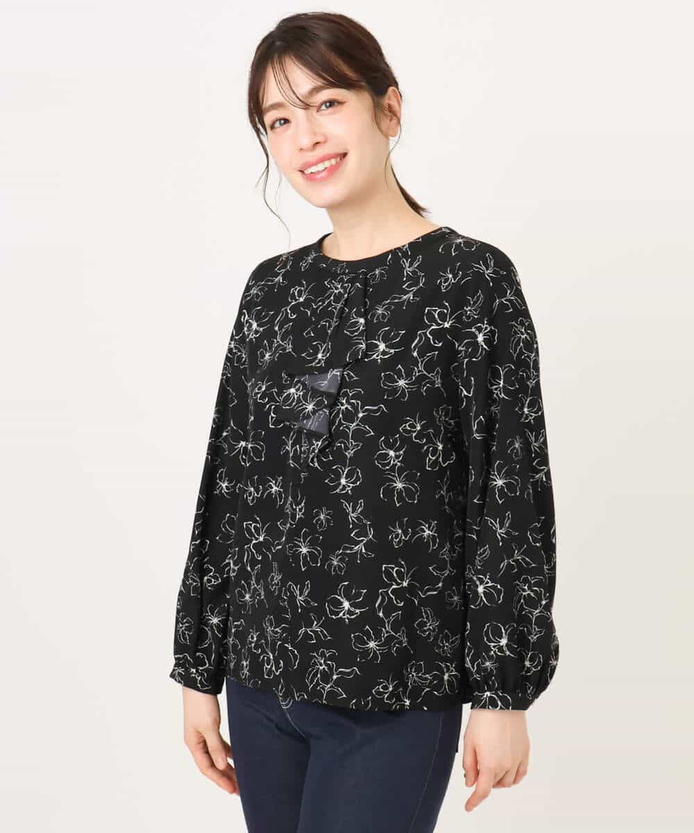 FIBFD06070 OFUON le MK(オフオン　ル　エムケー) ラインフラワーボウタイ風ブラウス/洗える ライトピンク