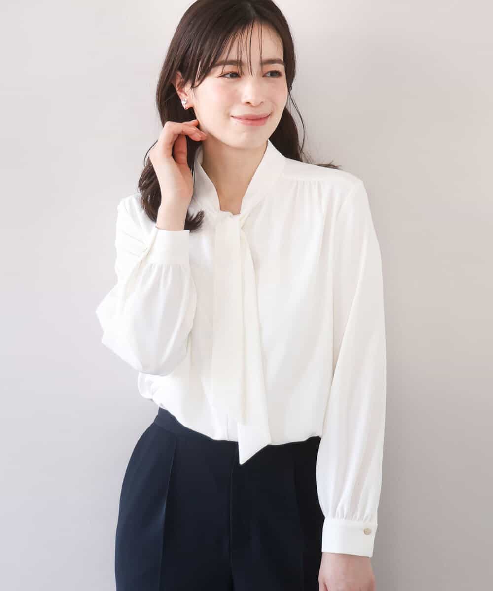 FIBFD07070 OFUON le MK(オフオン　ル　エムケー) スムースジョーゼットボウブラウス/洗える/WEB限定サイズあり ホワイト