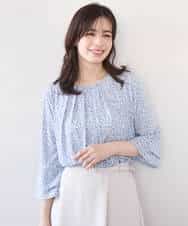 FIBFD40060 OFUON le MK(オフオン　ル　エムケー) カリグラフィープリント フレアー袖ジャージブラウス/洗える/WEB限定サイズあり ネイビー