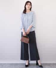 FIBFD40060 OFUON le MK(オフオン　ル　エムケー) カリグラフィープリント フレアー袖ジャージブラウス/洗える/WEB限定サイズあり ネイビー