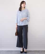 FIBFD40060 OFUON le MK(オフオン　ル　エムケー) カリグラフィープリント フレアー袖ジャージブラウス/洗える/WEB限定サイズあり ネイビー