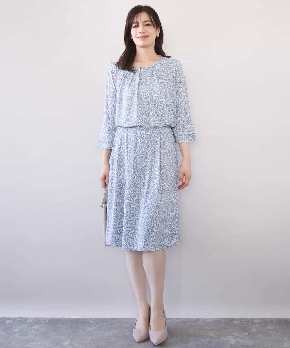 FIBFD40060 OFUON le MK(オフオン　ル　エムケー) カリグラフィープリント フレアー袖ジャージブラウス/洗える/WEB限定サイズあり ネイビー