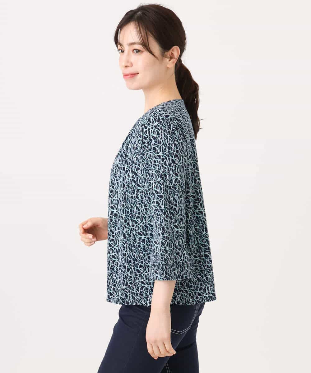 FIBFD40060 OFUON le MK(オフオン　ル　エムケー) カリグラフィープリント フレアー袖ジャージブラウス/洗える/WEB限定サイズあり ネイビー