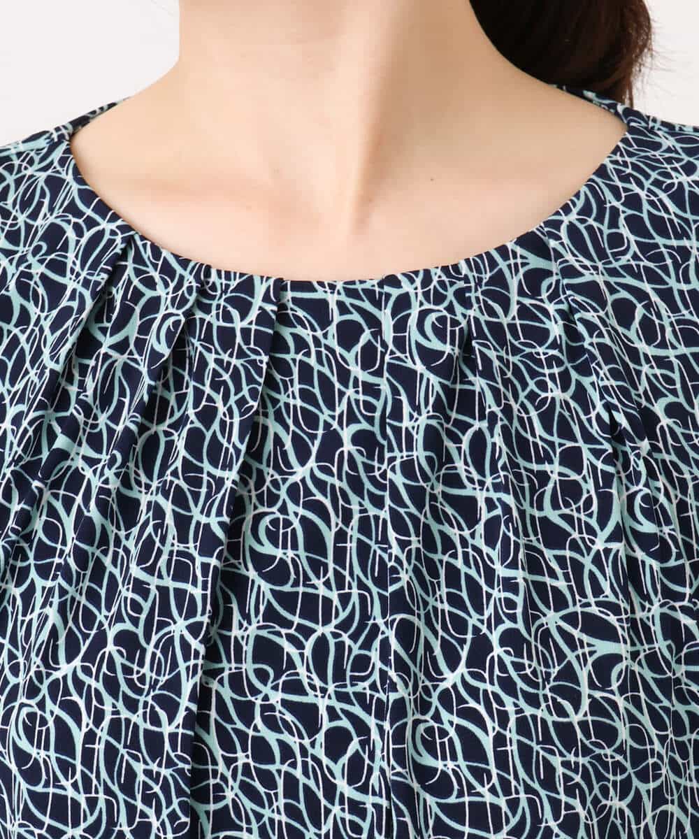 FIBFD40060 OFUON le MK(オフオン　ル　エムケー) カリグラフィープリント フレアー袖ジャージブラウス/洗える/WEB限定サイズあり ネイビー