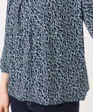 FIBFD40060 OFUON le MK(オフオン　ル　エムケー) カリグラフィープリント フレアー袖ジャージブラウス/洗える/WEB限定サイズあり ネイビー