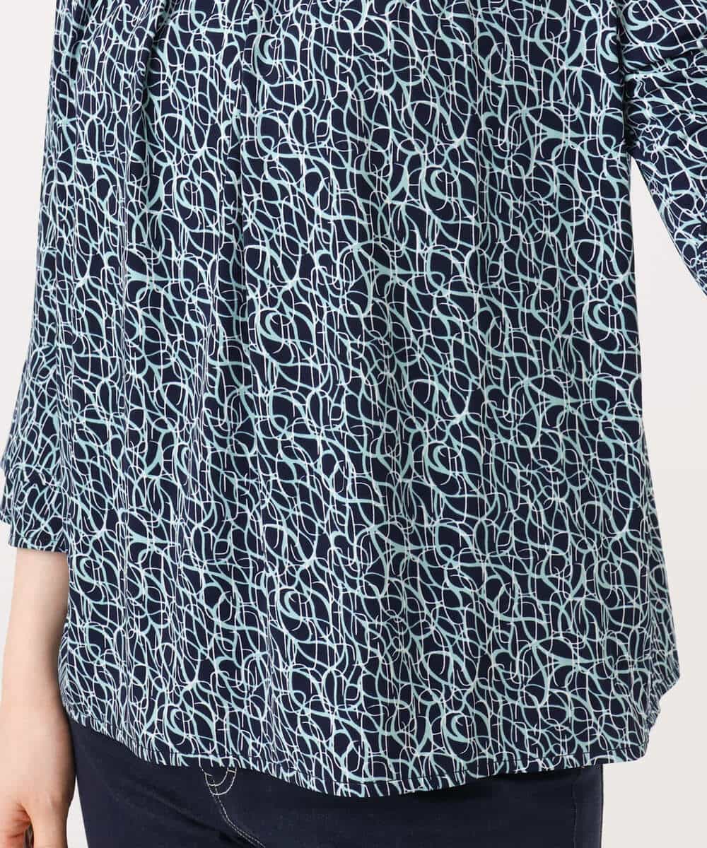 FIBFD40060 OFUON le MK(オフオン　ル　エムケー) カリグラフィープリント フレアー袖ジャージブラウス/洗える/WEB限定サイズあり ネイビー