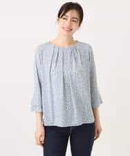 FIBFD40060 OFUON le MK(オフオン　ル　エムケー) カリグラフィープリント フレアー袖ジャージブラウス/洗える/WEB限定サイズあり ネイビー