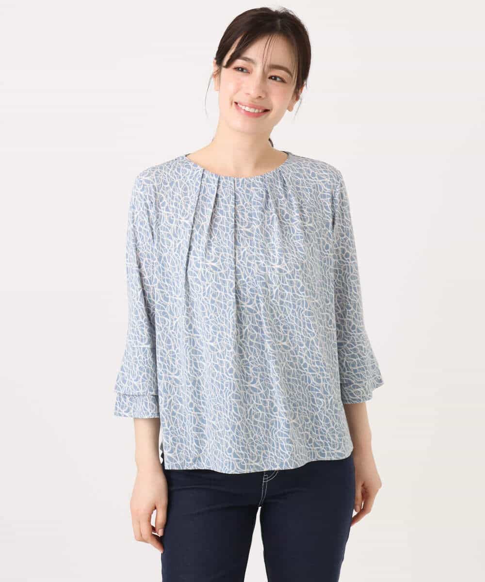 FIBFD40060 OFUON le MK(オフオン　ル　エムケー) カリグラフィープリント フレアー袖ジャージブラウス/洗える/WEB限定サイズあり ネイビー