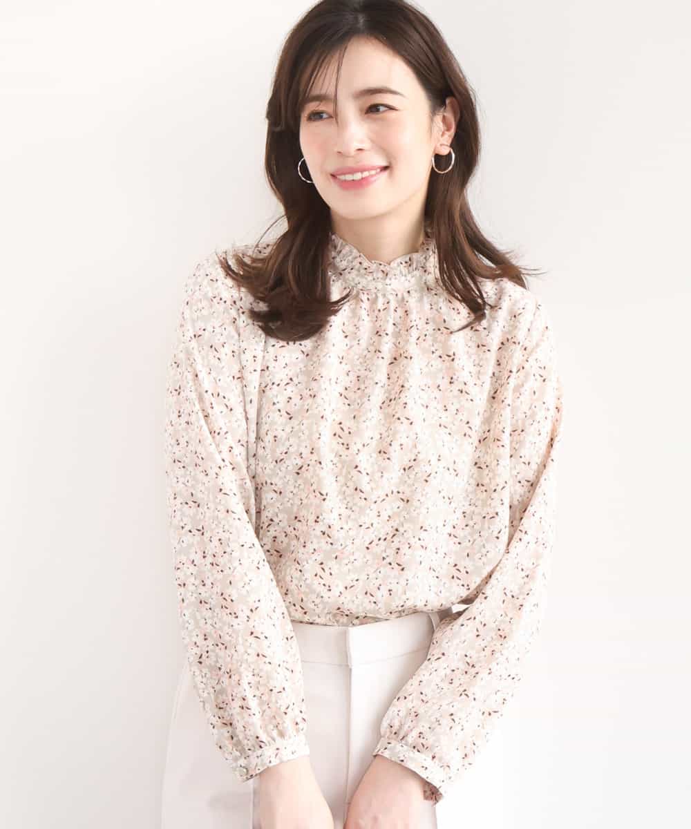 FIBGD13080 OFUON le MK(オフオン　ル　エムケー) レトロフラワープリント フリルネックブラウス/洗える/WEB限定サイズあり ベージュ