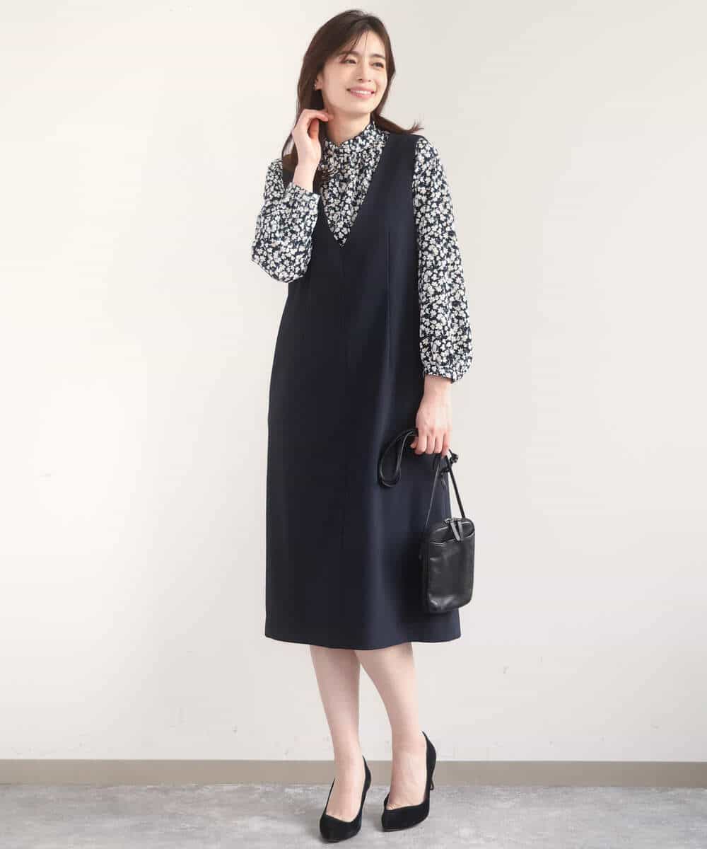 FIBGD13080 OFUON le MK(オフオン　ル　エムケー) レトロフラワープリント フリルネックブラウス/洗える/WEB限定サイズあり ベージュ