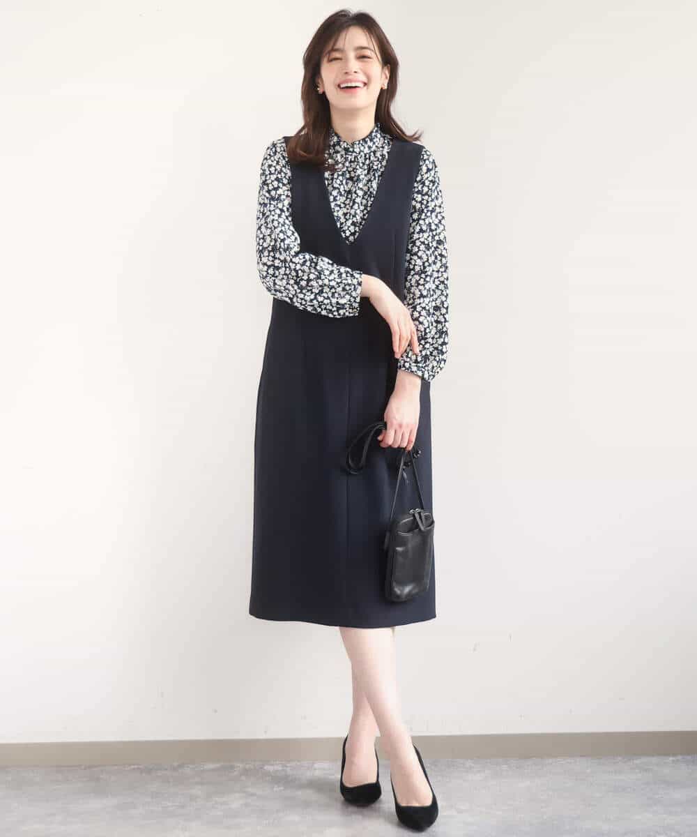 FIBGD13080 OFUON le MK(オフオン　ル　エムケー) レトロフラワープリント フリルネックブラウス/洗える/WEB限定サイズあり ベージュ