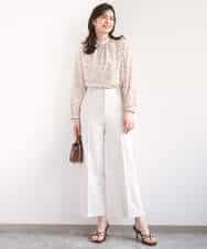 FIBGD13080 OFUON le MK(オフオン　ル　エムケー) レトロフラワープリント フリルネックブラウス/洗える/WEB限定サイズあり ベージュ