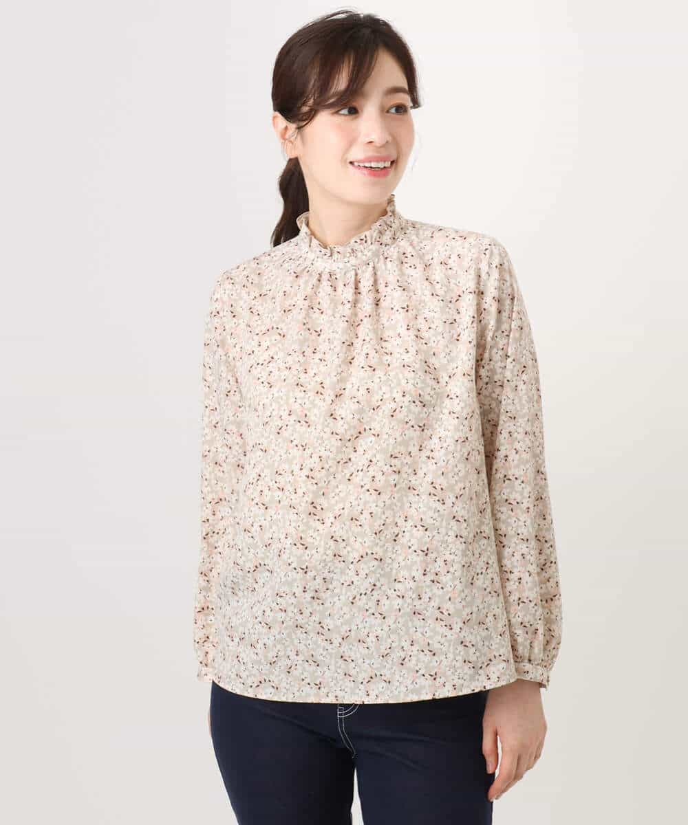 FIBGD13080 OFUON le MK(オフオン　ル　エムケー) レトロフラワープリント フリルネックブラウス/洗える/WEB限定サイズあり ベージュ