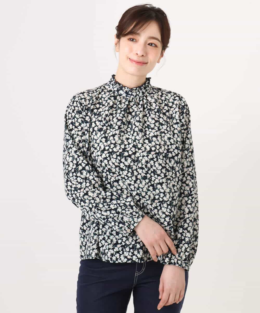 FIBGD13080 OFUON le MK(オフオン　ル　エムケー) レトロフラワープリント フリルネックブラウス/洗える/WEB限定サイズあり ベージュ